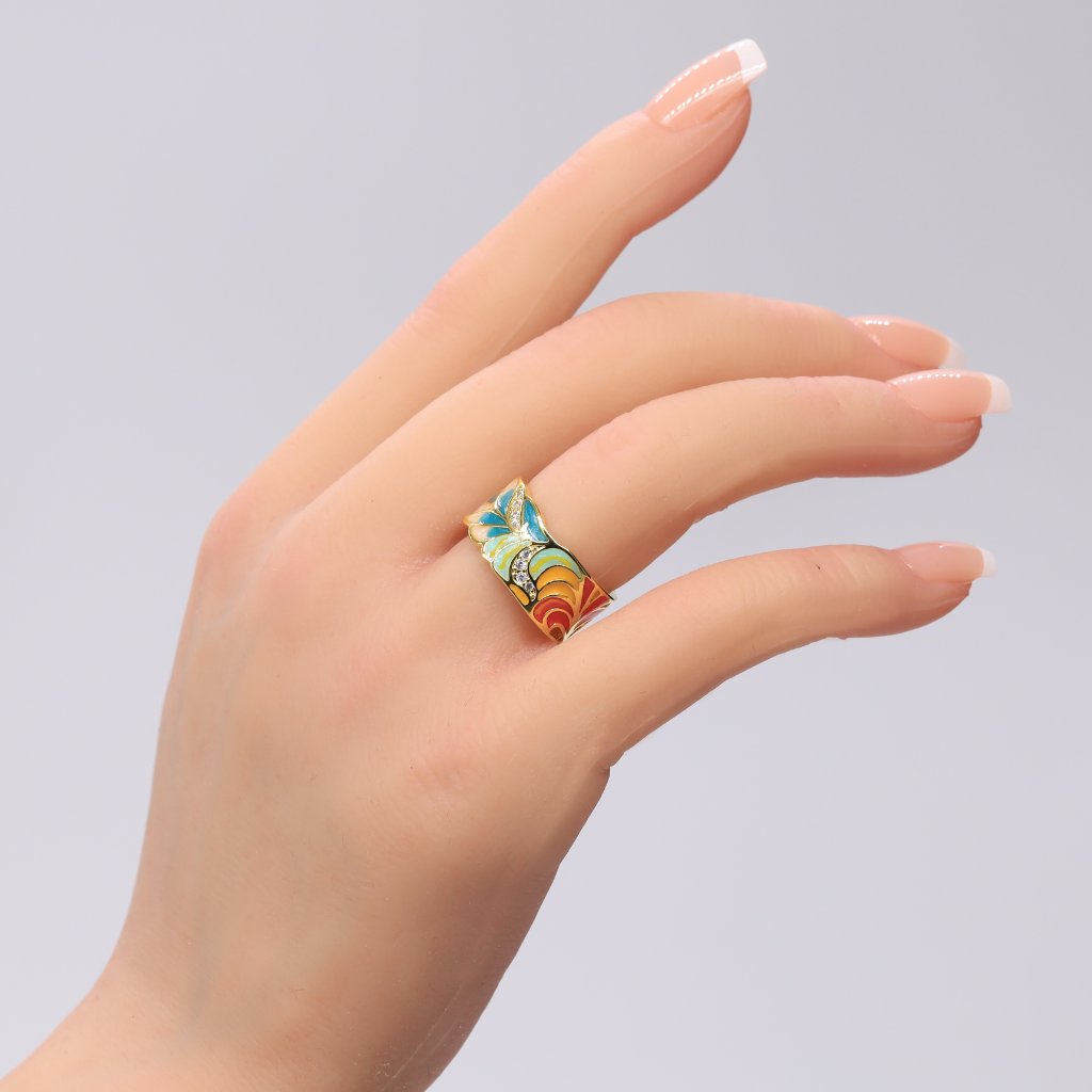 S925 Silver Plated Multi Color Fashion Ring With Golden Color Feathering.
